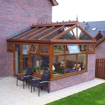 Gable Conservatory with Oak finish and glass roof
